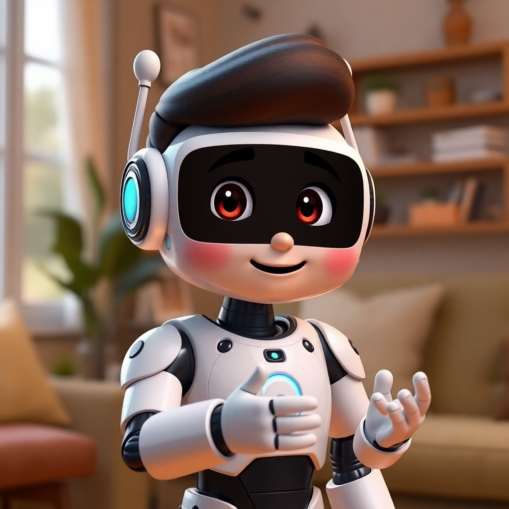 A detailed, photorealistic image of a friendly, animated chatbot avatar displaying various emotions while chatting with a user; the background shows a cozy, inviting setting that portrays warmth and approachability, reflecting brand values.