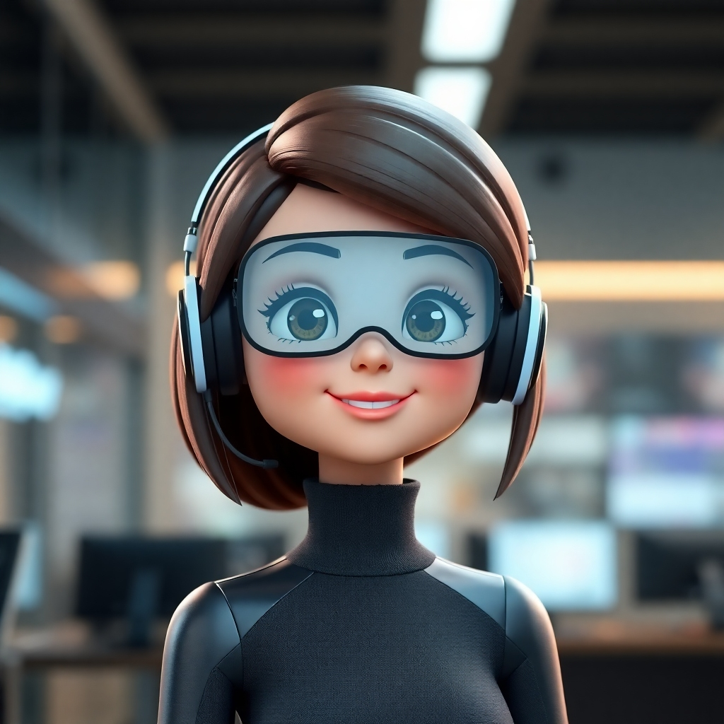 A photorealistic image of a digital assistant avatar that reflects a brand's identity; an attractive, friendly humanoid character designed to represent a company, incorporated with modern technology elements in a sleek, professional environment.