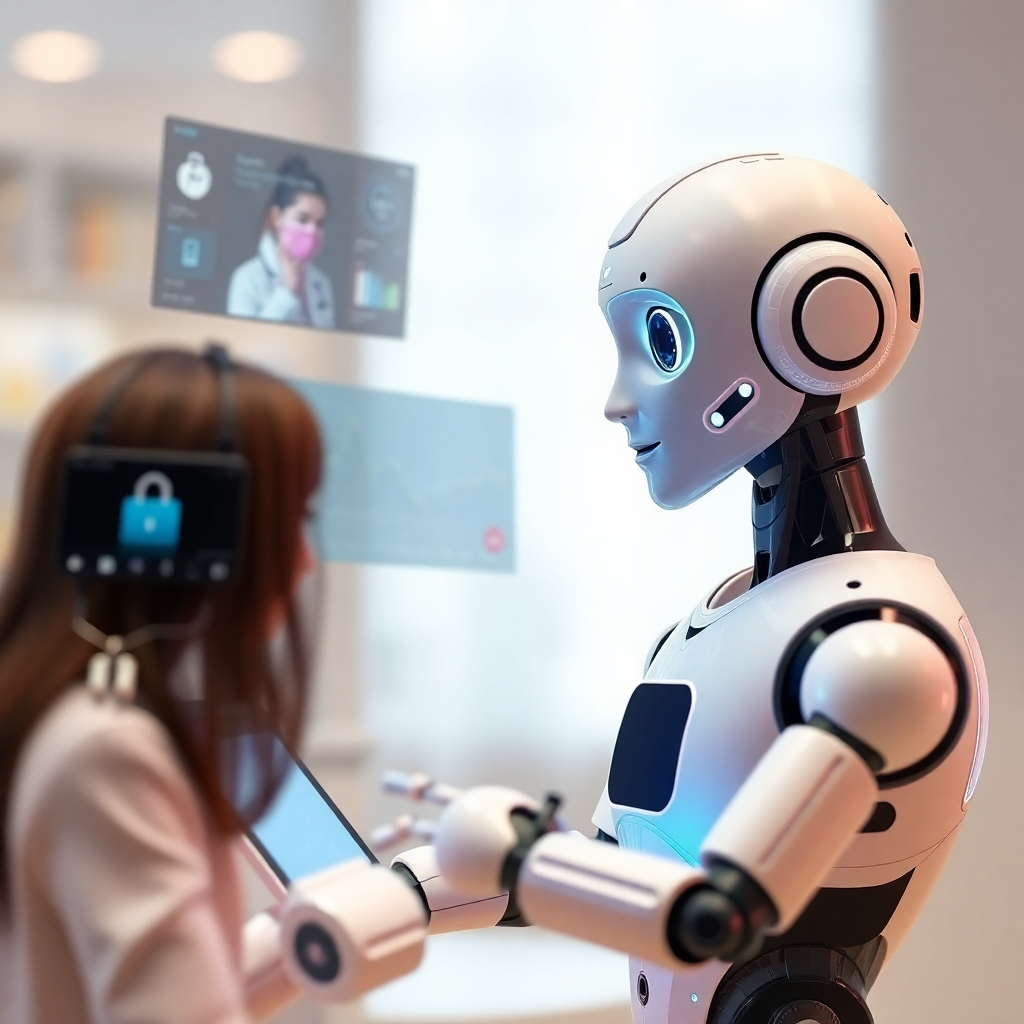 An engaging, photorealistic image of an AI chatbot avatar interacting with a user, showing a variety of digital screens around displaying information tailored to specific industries like healthcare, retail, and finance, illustrating expertise.
