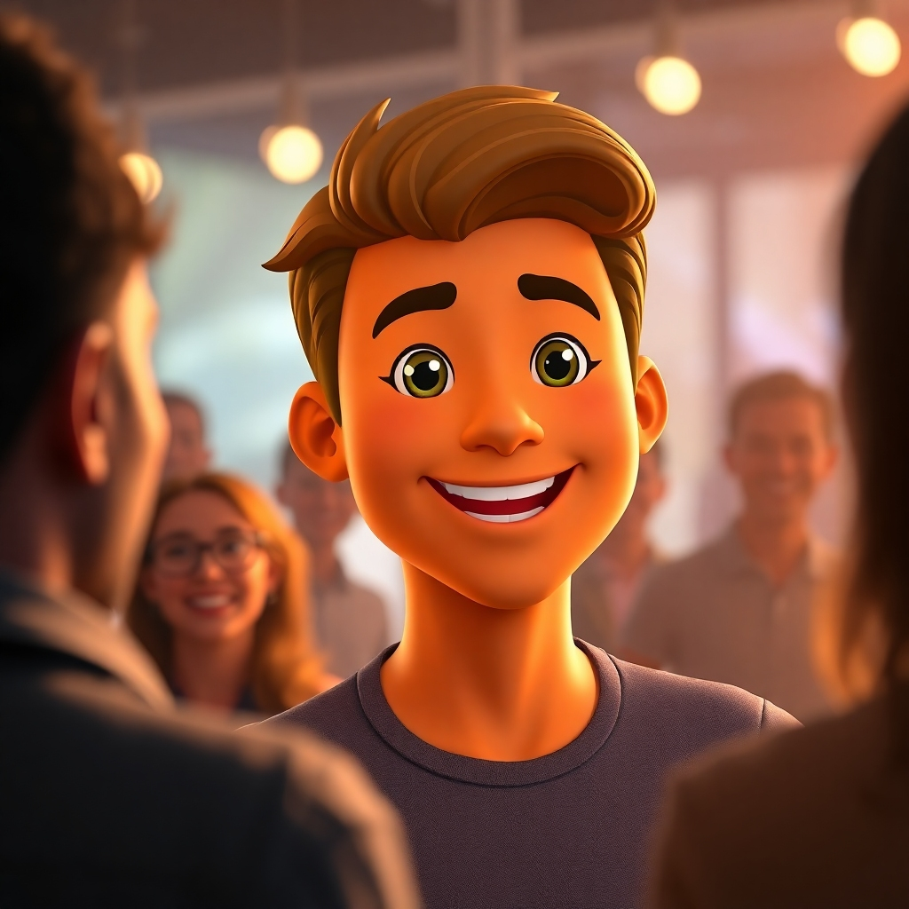 A bright, engaging image of a digital avatar displaying a warm and friendly expression while interacting with a customer. The background should include soft elements like silhouettes of happy customers, symbolizing connection and loyalty.