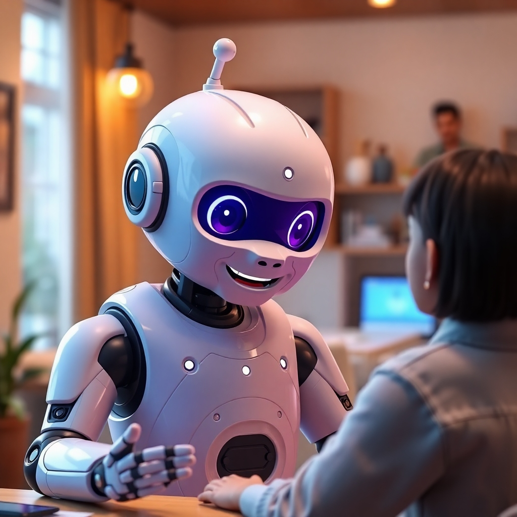 A detailed, photorealistic image of a friendly, animated chatbot avatar displaying various emotions while chatting with a user; the background shows a cozy, inviting setting that portrays warmth and approachability, reflecting brand values.