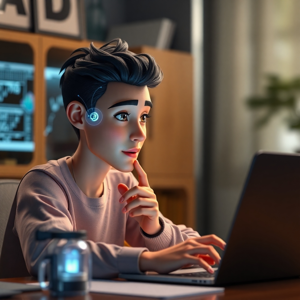 A detailed scene showing a digital avatar engaged in a conversation with a user on a laptop. The avatar should display a thoughtful expression, with visual indicators of intelligence, like glowing elements or data streams surrounding it, symbolizing the knowledge capability.