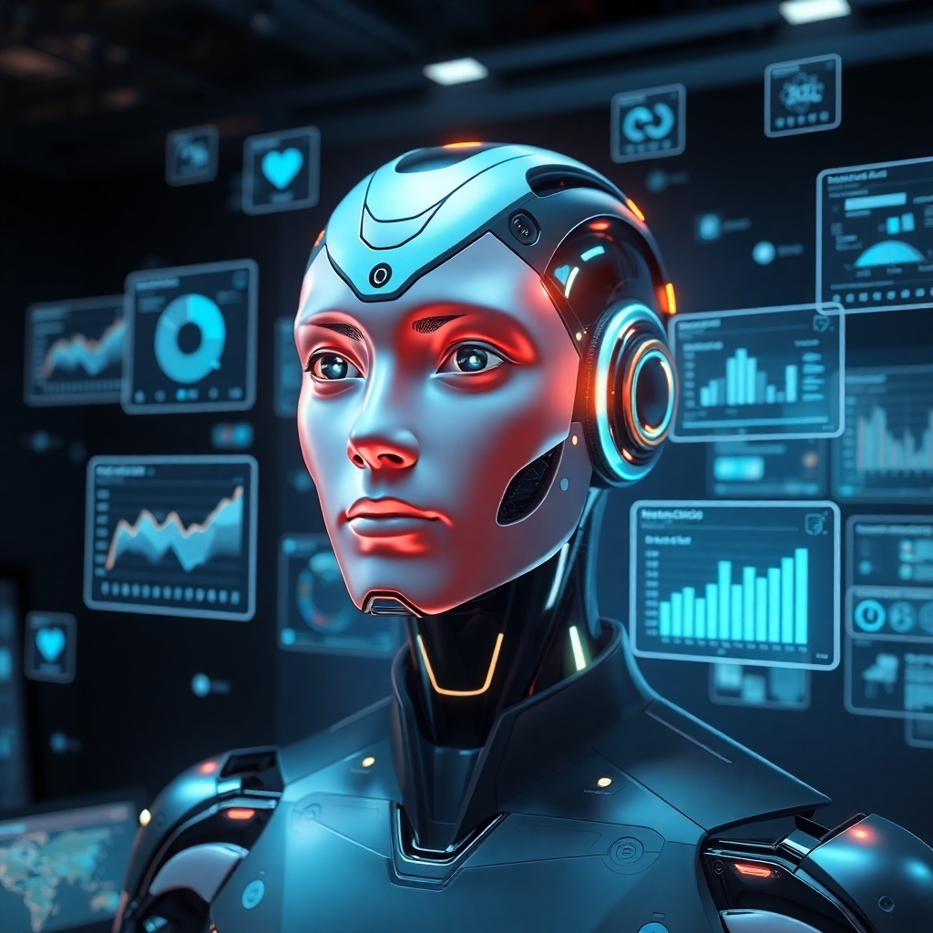 A high-quality image of a digital AI avatar surrounded by floating holographic screens displaying various analytical data and user interactions, emphasizing evolution and learning. The avatar should showcase curiosity and knowledge with a futuristic design in a sleek digital workspace.