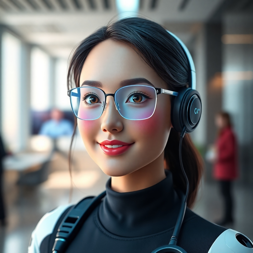 A photorealistic image of a digital assistant avatar that reflects a brand's identity; an attractive, friendly humanoid character designed to represent a company, incorporated with modern technology elements in a sleek, professional environment.