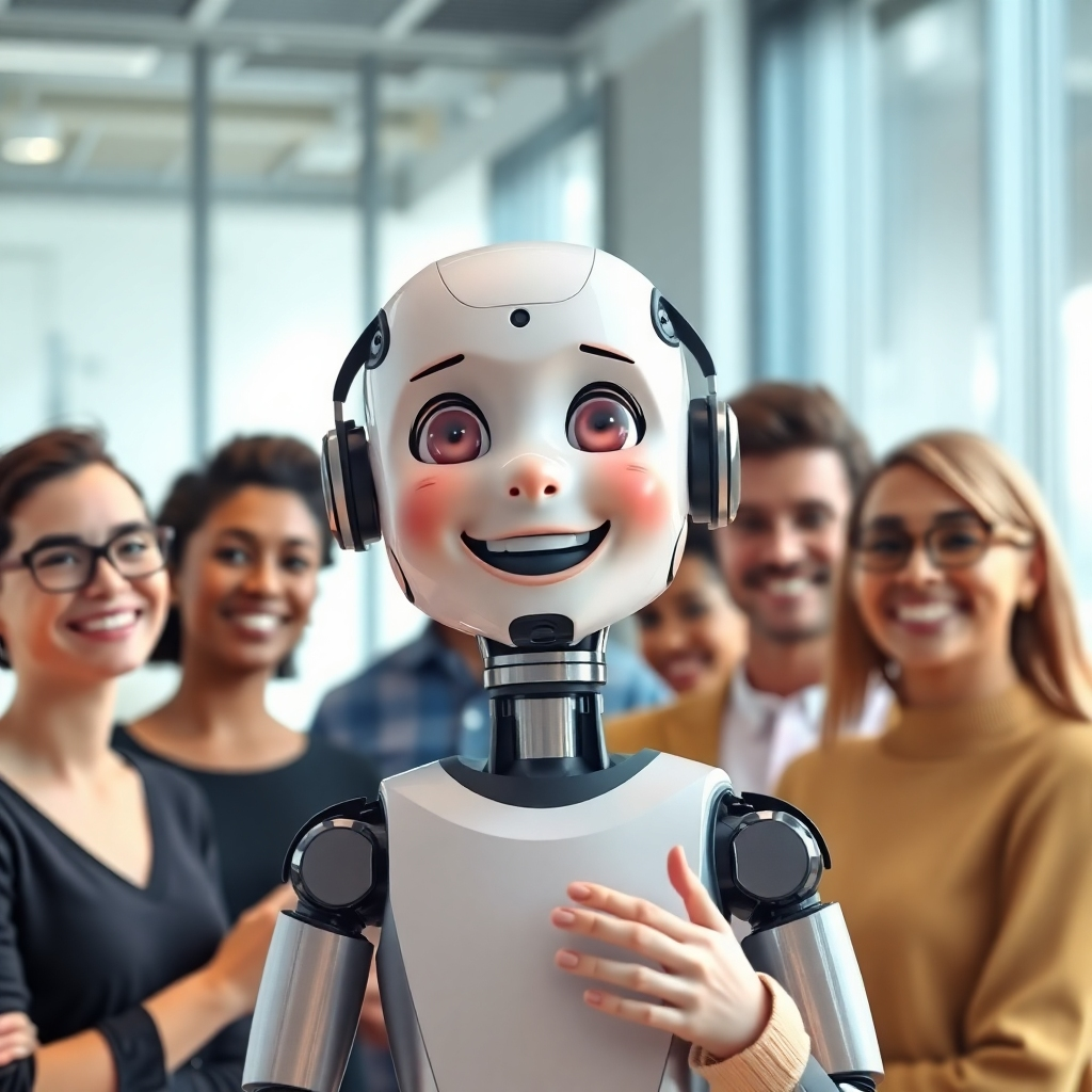 A photorealistic image of a friendly AI chatbot avatar interacting with a diverse group of people in a modern, brightly lit office environment, showcasing expressions of joy and engagement. The avatar should have a warm, inviting appearance, with customizable features reflecting different personalities.