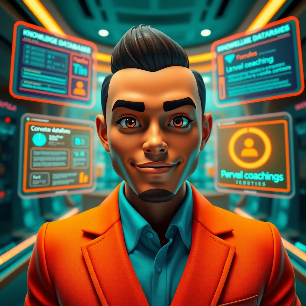 A striking image of a digital avatar showcasing its unique personality traits, set in a versatile learning environment. The avatar radiates confidence with expressive facial features and a bright, tailored outfit. Surrounding it are holographic displays of knowledge databases and personalized coaching tips, illuminated with vibrant light accents that draw the viewer's eye. The color scheme includes shades of orange and teal, establishing a dynamic yet approachable mood. The camera perspective is eye-level, fostering an intimate connection with the viewer. Textural elements include a combination of sleek digital interfaces and realistic 3D objects, all captured in stunning ultra-detailed 8K resolution, evoking the style of cutting-edge technology art.