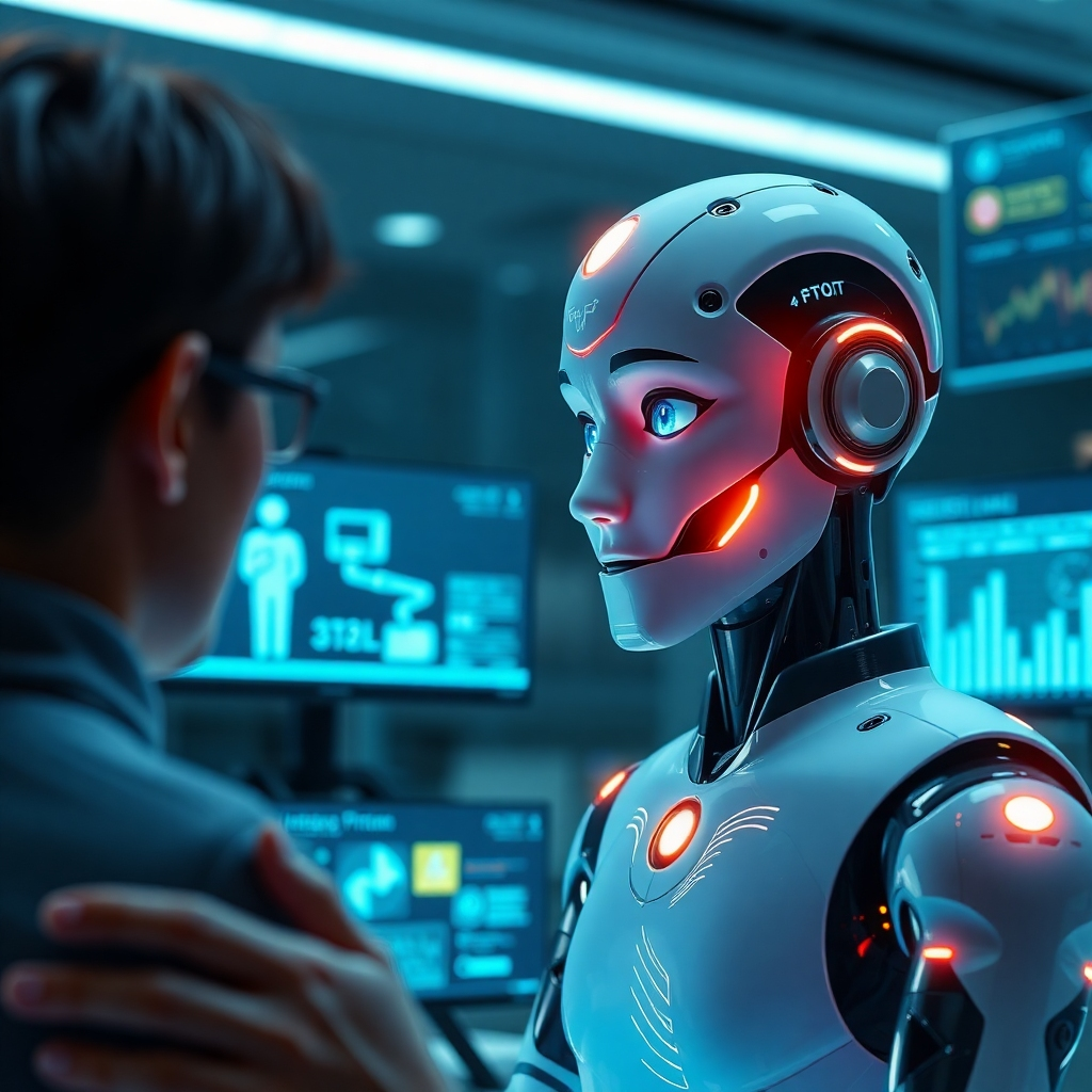An engaging, photorealistic image of an AI chatbot avatar interacting with a user, showing a variety of digital screens around displaying information tailored to specific industries like healthcare, retail, and finance, illustrating expertise.