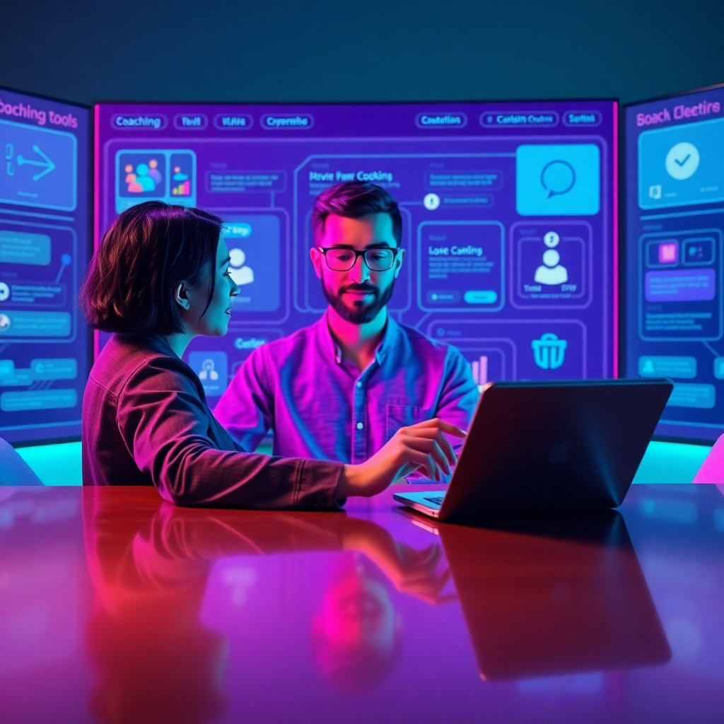 An engaging scene depicting a personalized coaching session with a digital avatar. The avatar sits in front of a stylized virtual interface, filled with interactive elements showcasing coaching tools. Gentle backlighting enhances the avatar's features, producing a glowing effect that signifies warmth and approachability. The color scheme is vibrant with shades of purple and teal to convey energy and creativity. The perspective is a dynamic over-the-shoulder view, showing both the avatar and a user on a tablet interacting together. The surface of the table shows reflections, indicating a high-end digital environment, captured in ultra-high quality at 8K resolution, inspired by modern virtual reality designs.