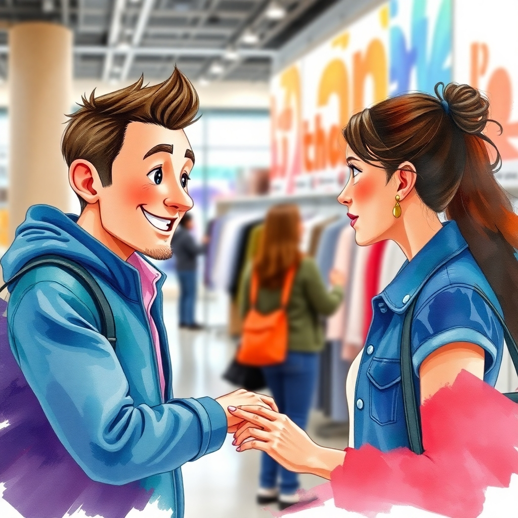 A photorealistic image of a digital avatar interacting with a customer in a modern retail environment, showcasing a vibrant, friendly atmosphere. The avatar should have a unique design, reflecting personalized features that align with the brand's identity.