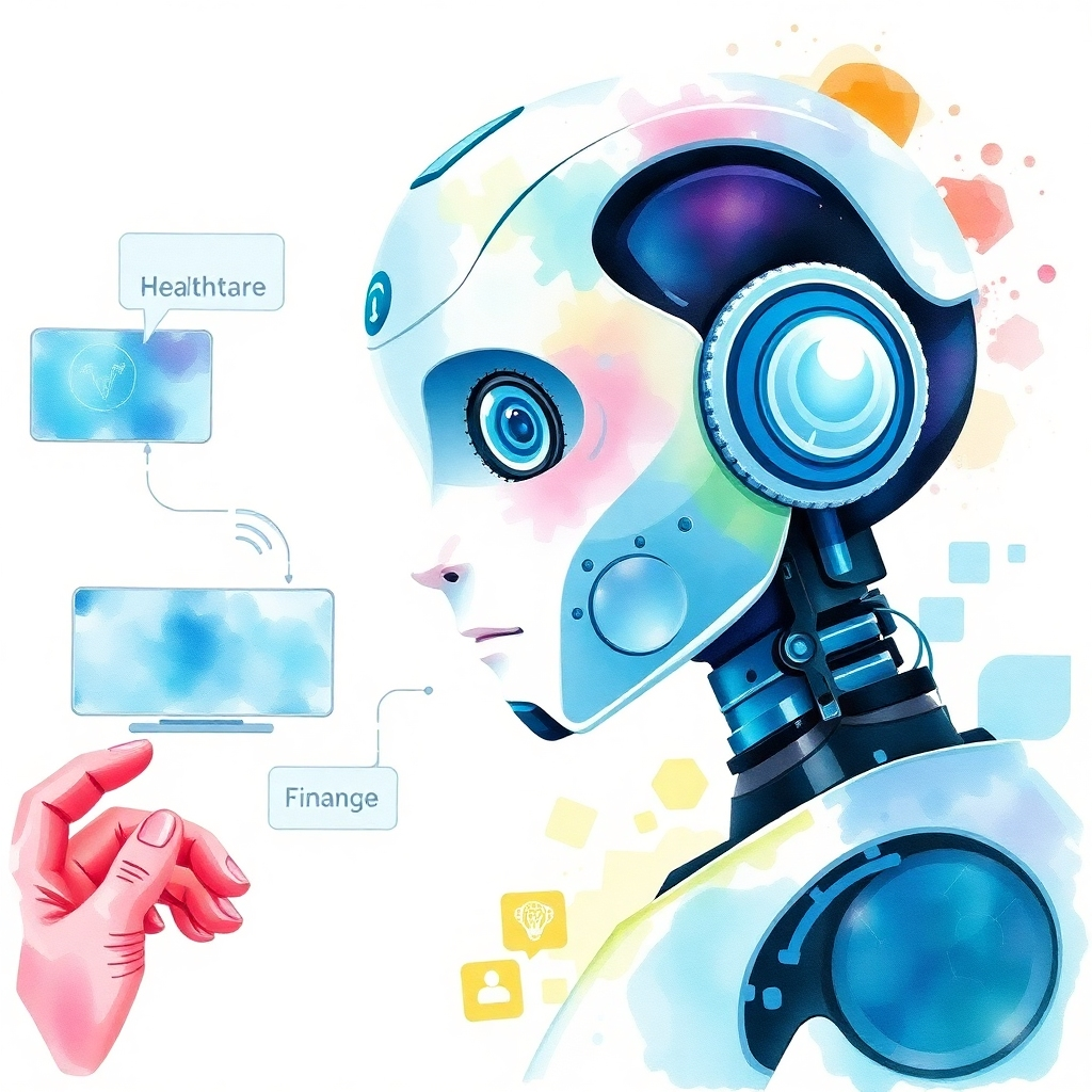 An engaging, photorealistic image of an AI chatbot avatar interacting with a user, showing a variety of digital screens around displaying information tailored to specific industries like healthcare, retail, and finance, illustrating expertise.
